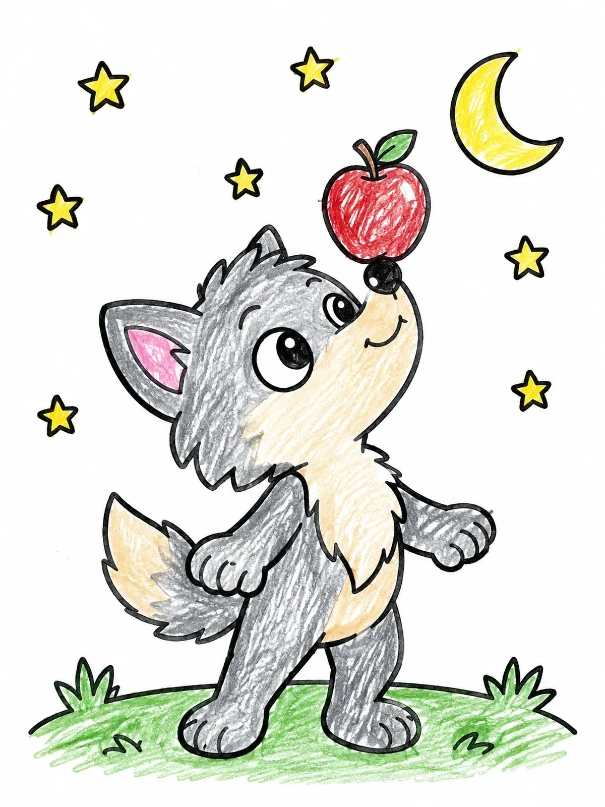 Colored example of the Cute Werewolf Pup Balancing An Apple coloring page