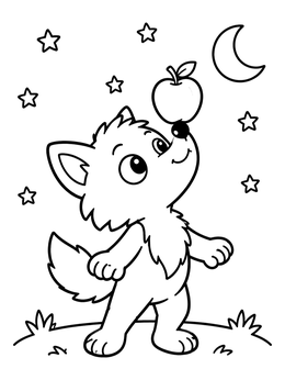 A werewolf coloring page showing a playful wolf pup balancing an apple on its nose under stars.
