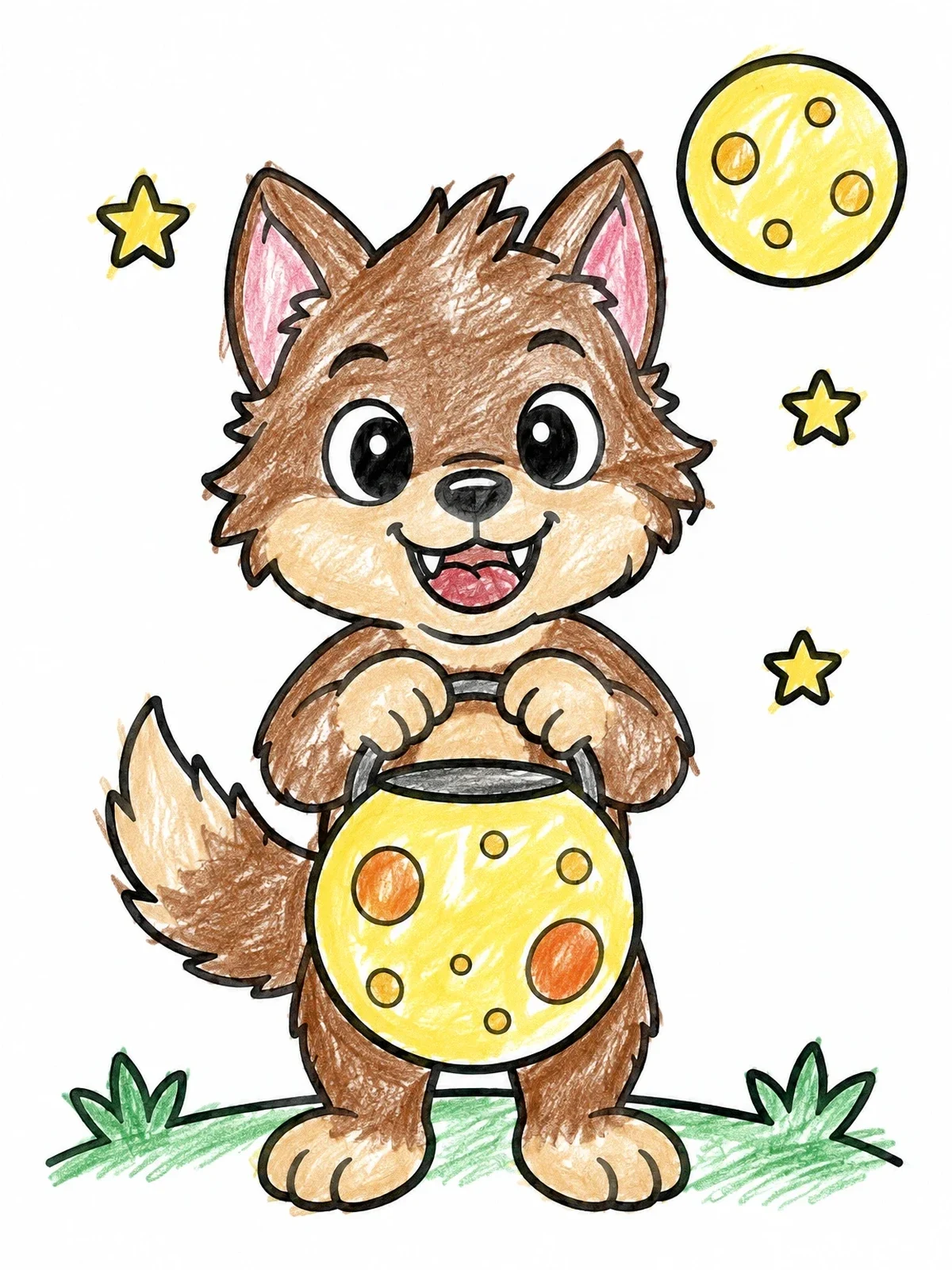 Colored example of the Cute Werewolf Pup With Moon Basket coloring page