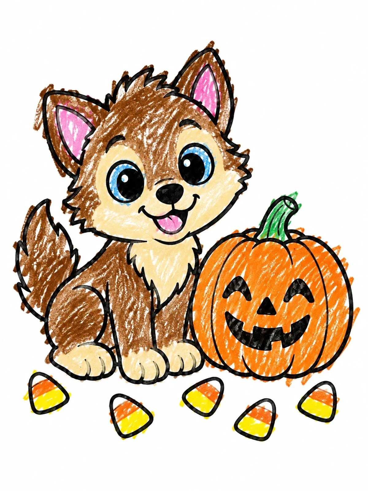 Colored example of the Cute Werewolf Pup With Jack O' Lantern coloring page