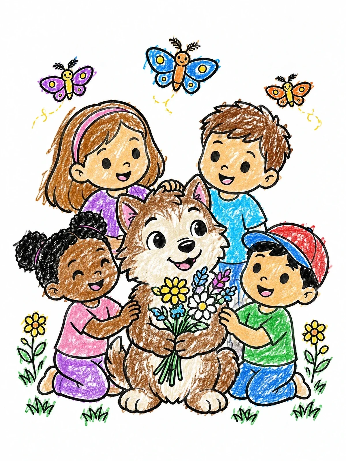 Colored example of the Cute Werewolf Pup With Children coloring page