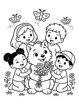 Happy children surround a cute pup holding flowers in this werewolf coloring page.