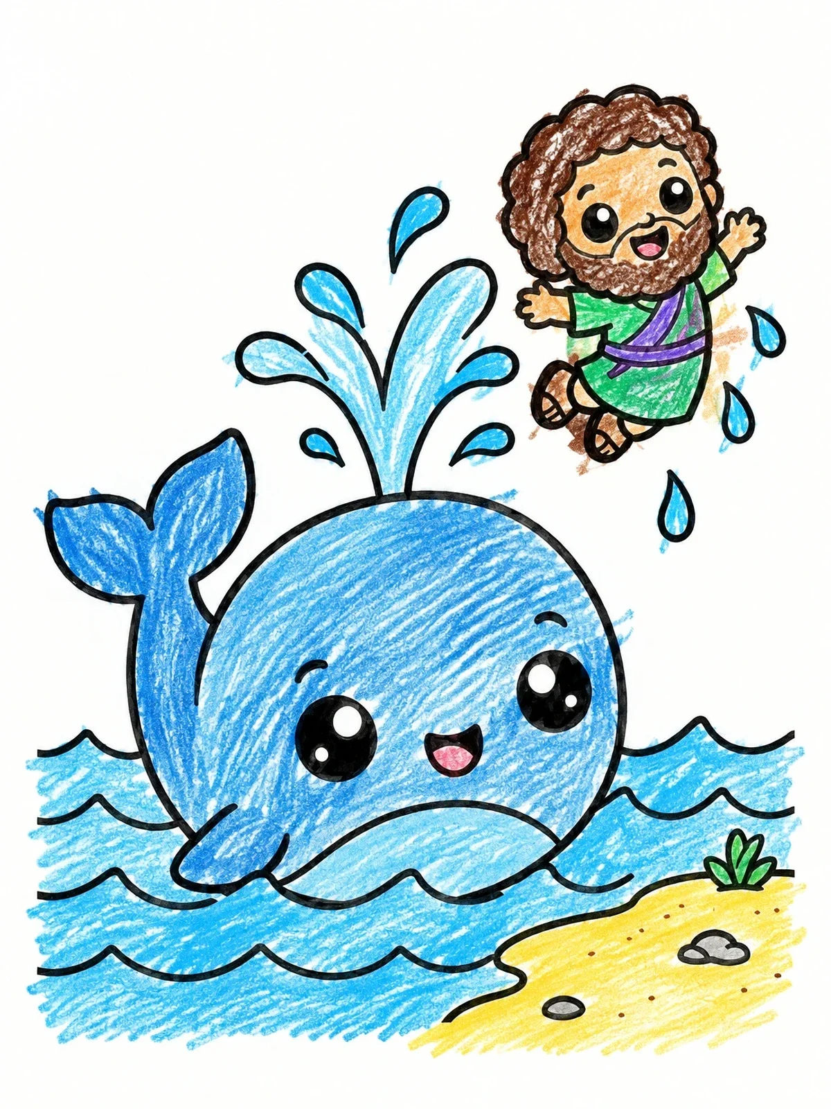 Colored example of the Cute Whale Spouting Jonah Onto Shore coloring page