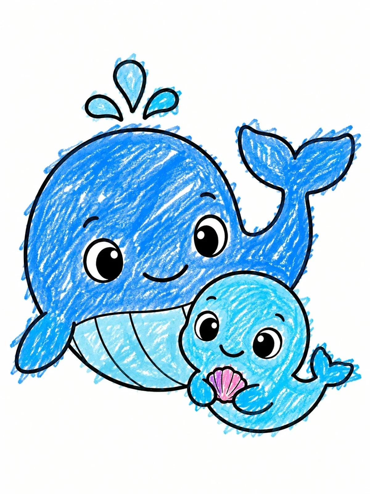 Colored example of the Cute Whale Family With Seashell coloring page