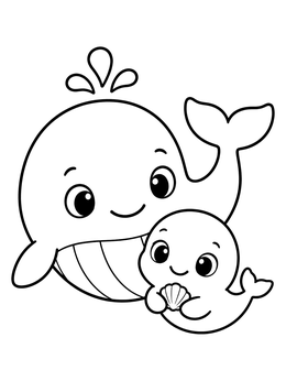 Free printable Cute Whale Family With Seashell coloring page