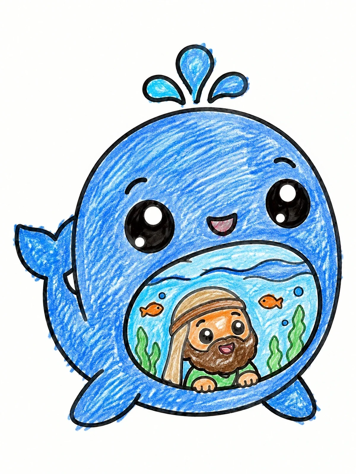 Colored example of the Cute Whale With Jonah Inside coloring page