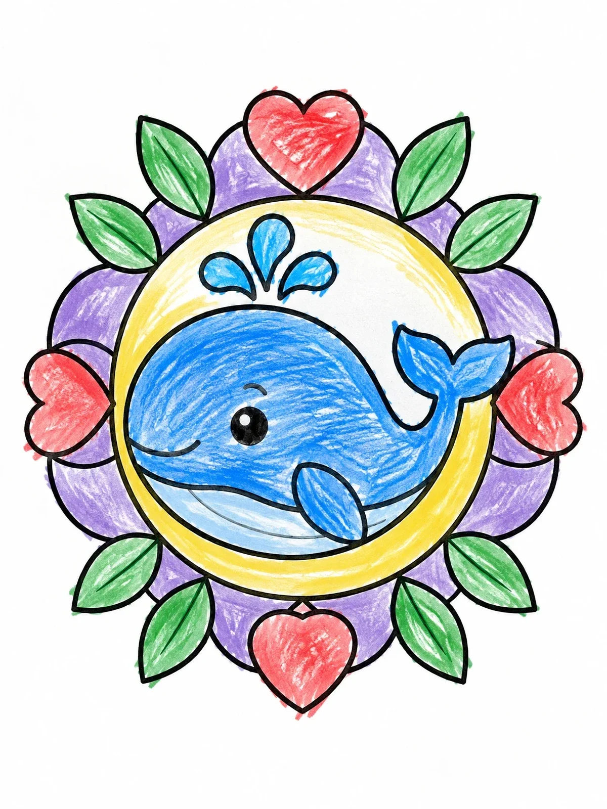 Colored example of the Cute Whale Mandala With Hearts coloring page