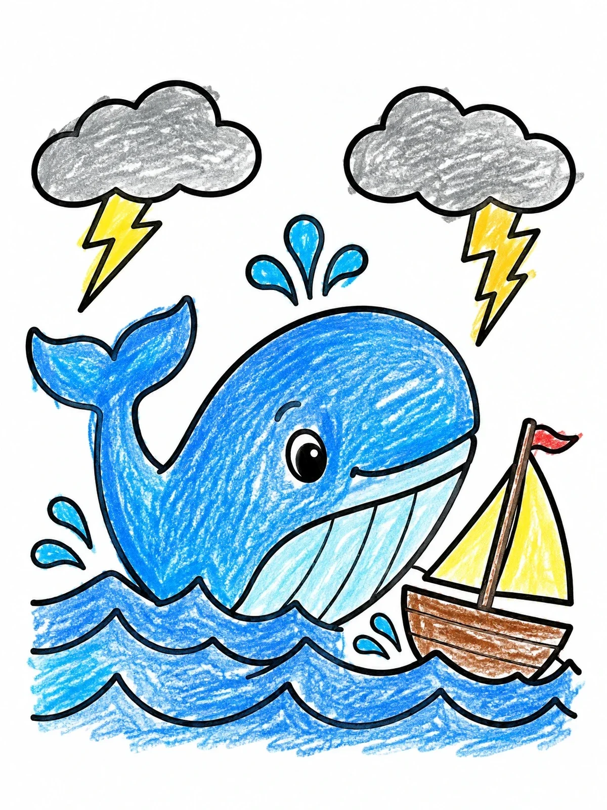 Colored example of the Cute Whale Beside Small Sailboat coloring page