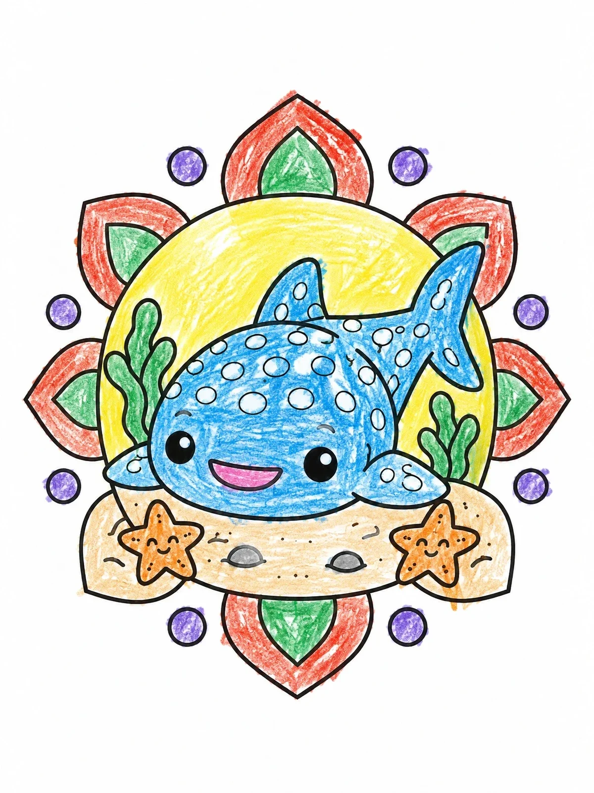 Colored example of the Cute Whale Shark In Mandala Frame coloring page