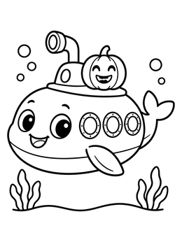 Free printable Cute Whale Submarine With Pumpkin coloring page