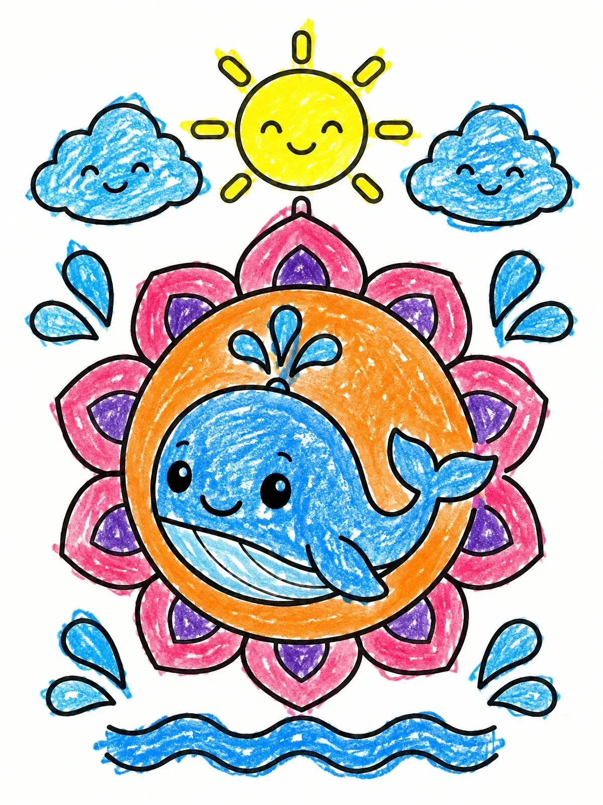 Colored example of the Cute Whale With Sun And Clouds coloring page
