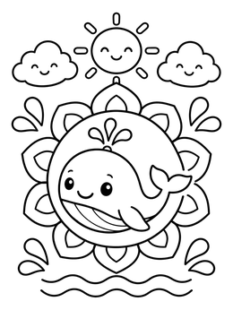 Free printable Cute Whale With Sun And Clouds coloring page