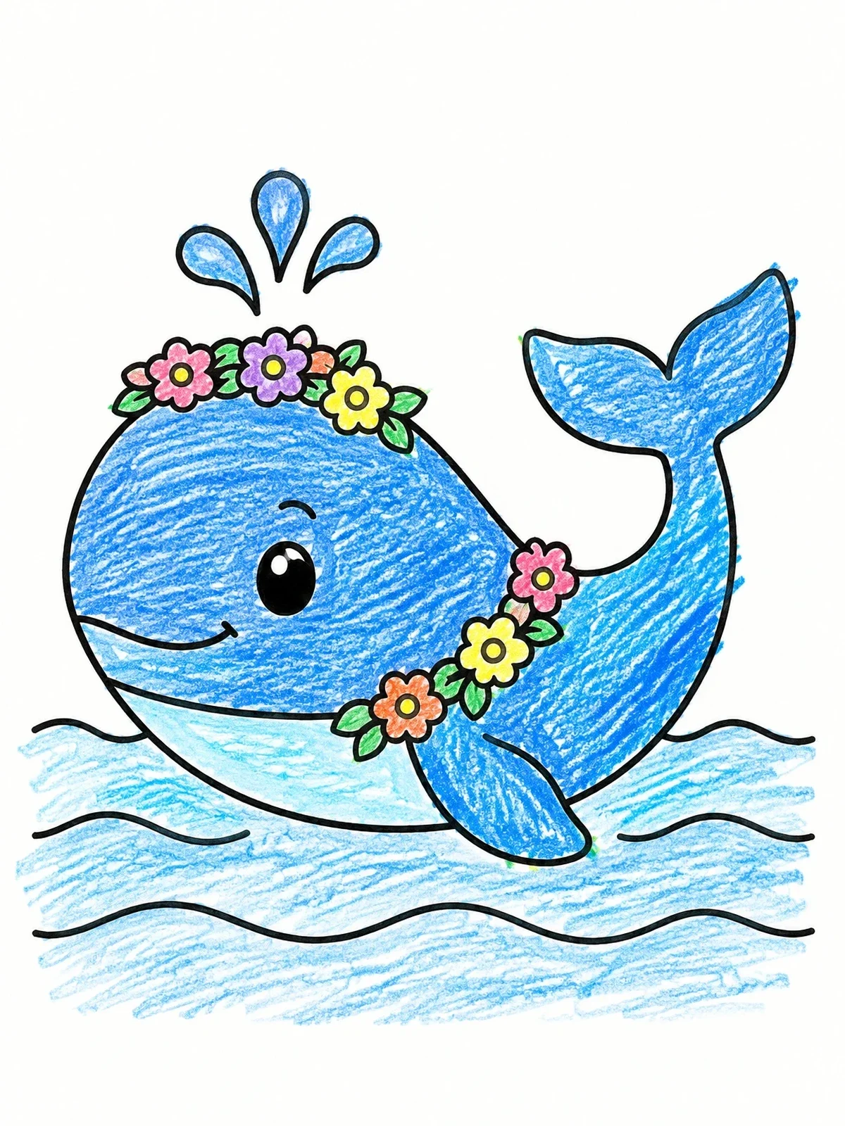 Colored example of the Cute Whale With Flower Garlands coloring page