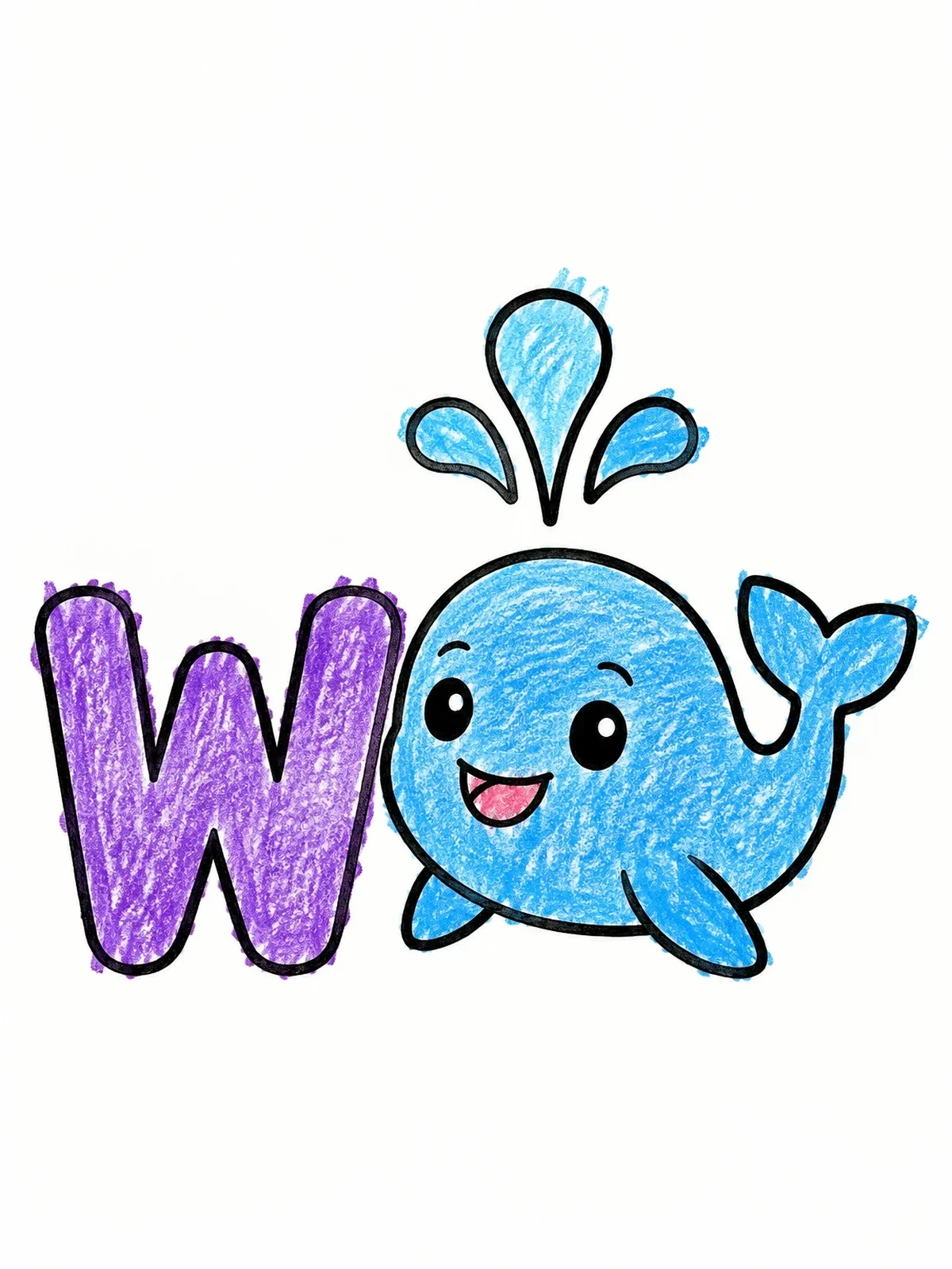 Colored example of the Cute Whale With Letter W coloring page