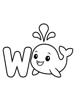 Free printable Cute Whale With Letter W coloring page