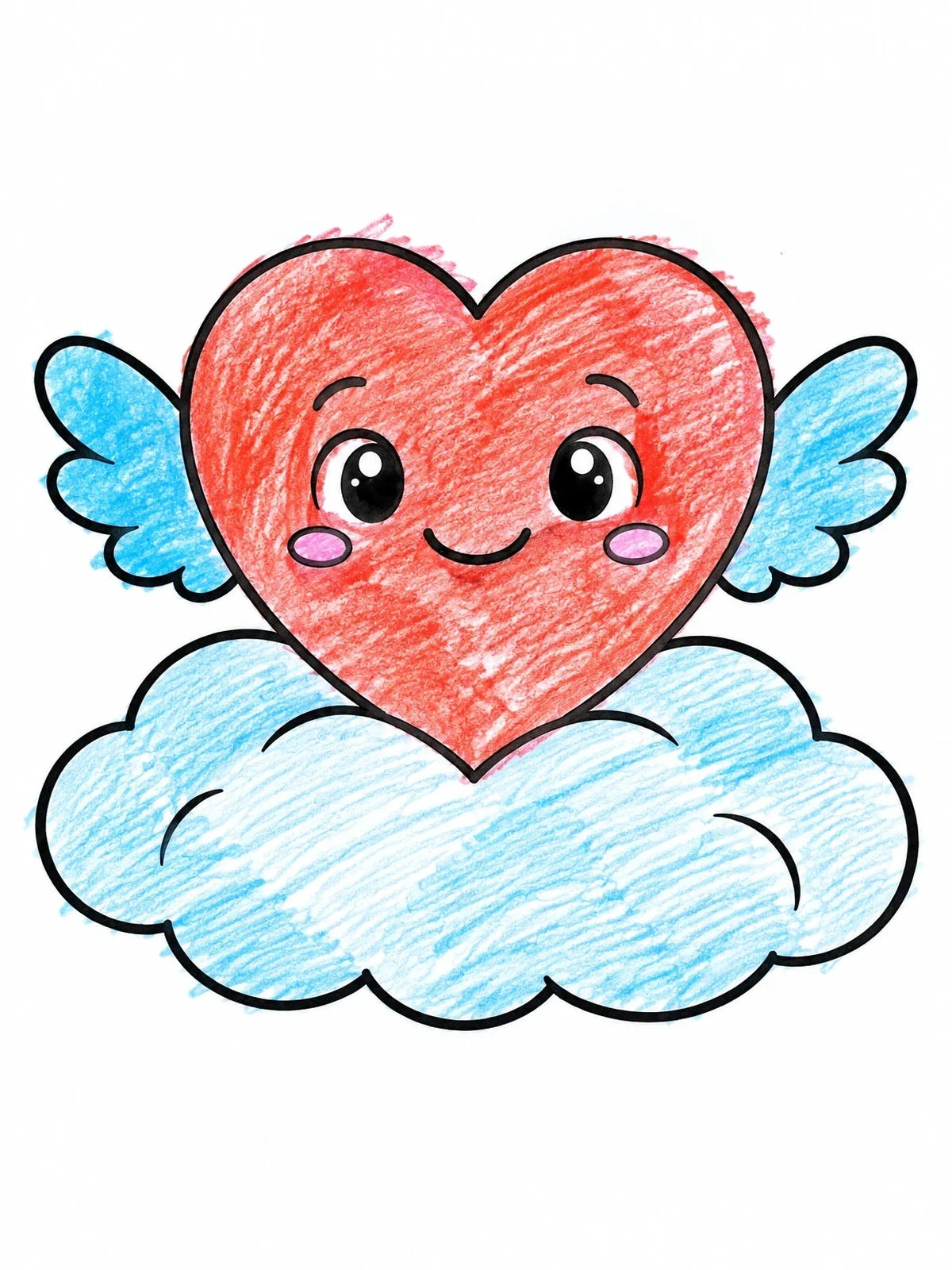Colored example of the Cute Winged Heart On A Cloud coloring page