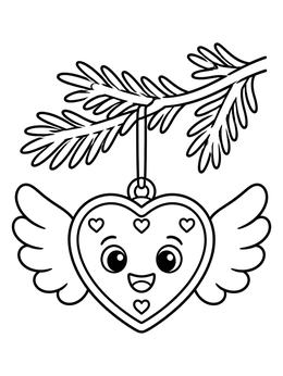 A smiling winged heart coloring page ornament hanging from a pine branch.