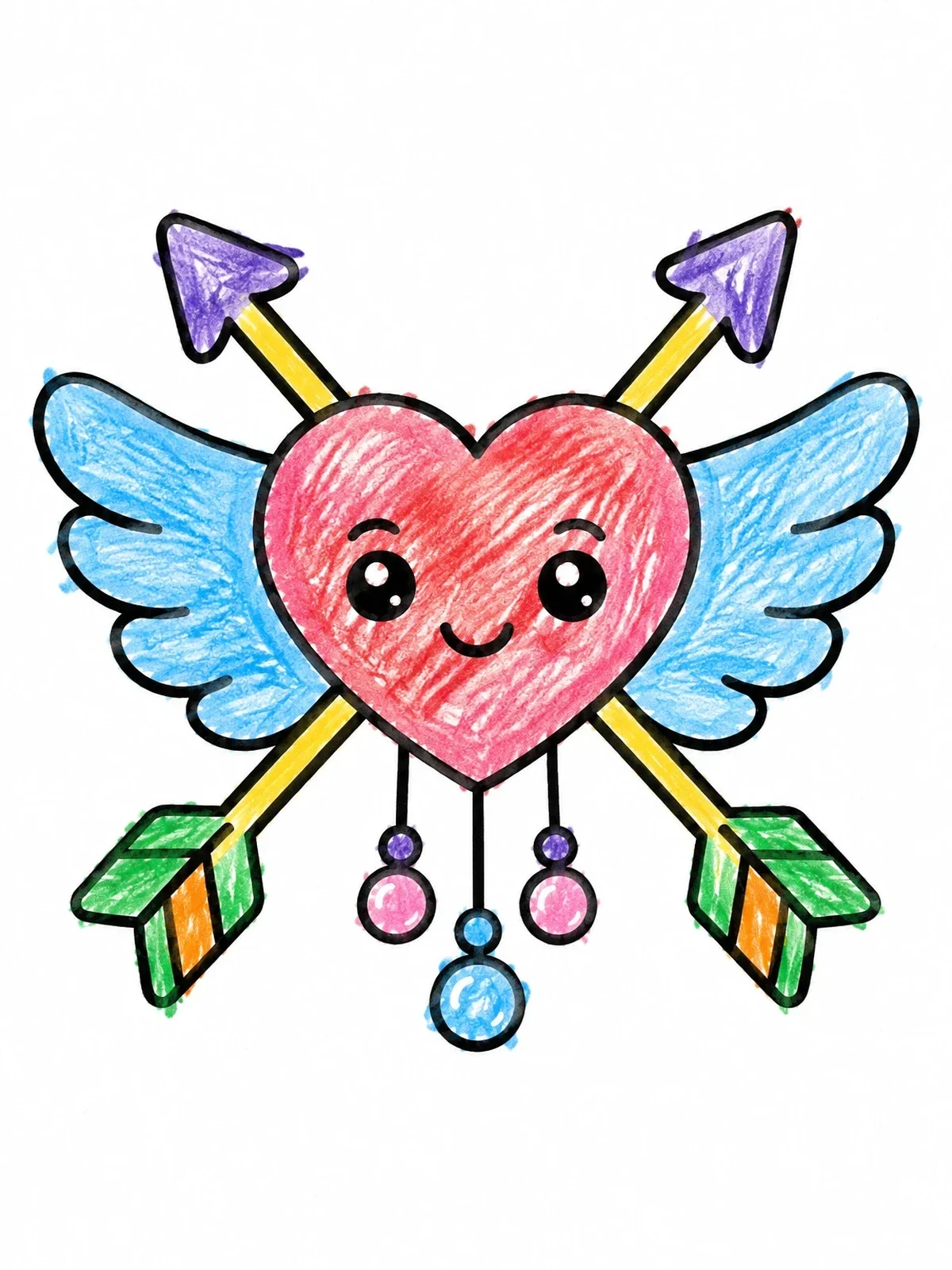 Colored example of the Cute Winged Heart With Arrows coloring page
