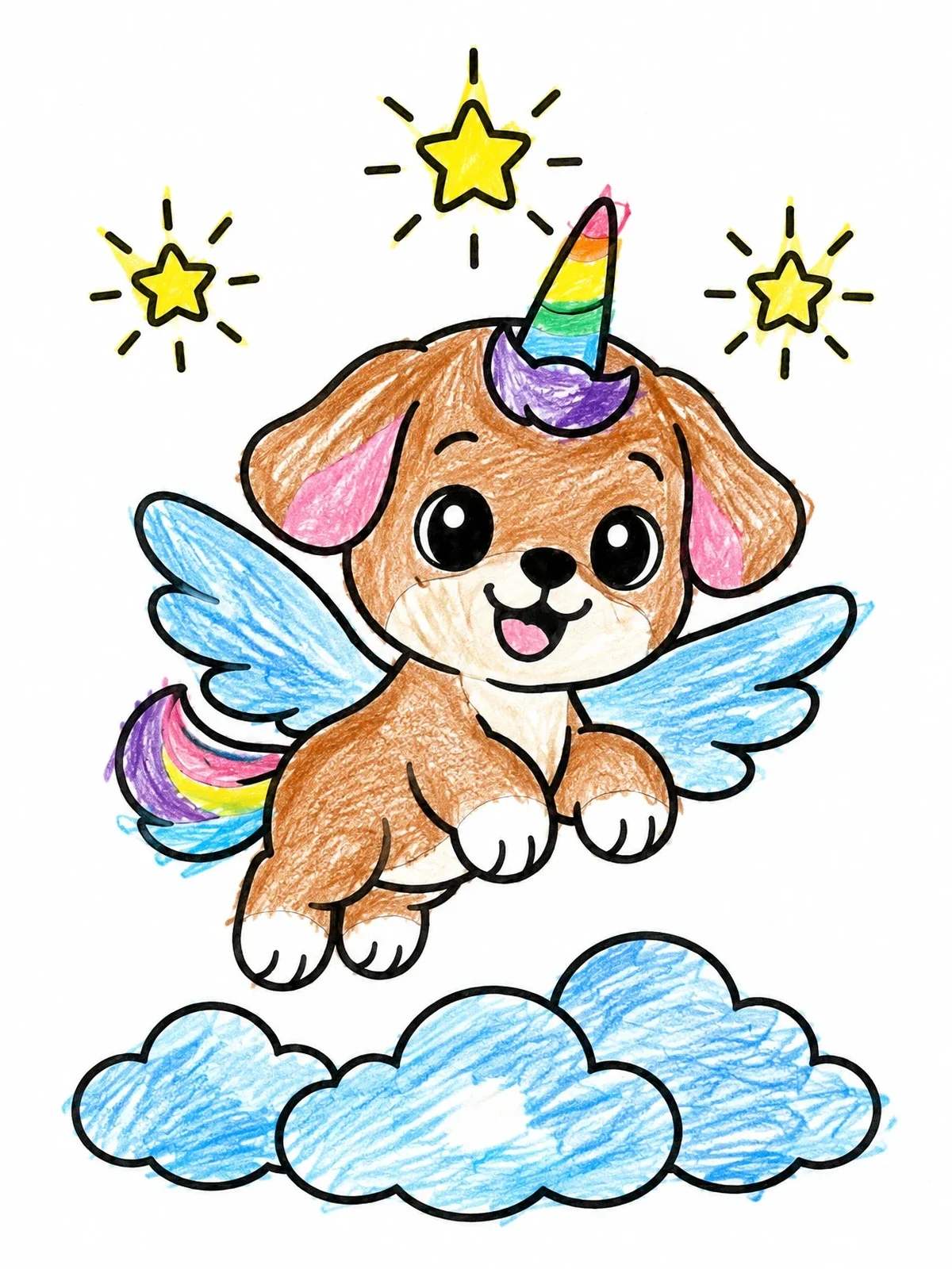Colored example of the Cute Winged Puppy Unicorn In The Sky coloring page