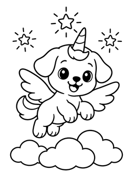 Free printable Cute Winged Puppy Unicorn In The Sky coloring page