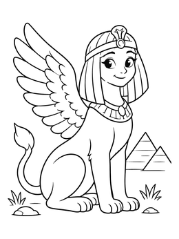 A friendly winged sphinx coloring page sitting gracefully near distant pyramids.