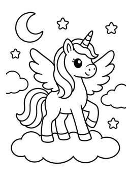 Free printable Winged Unicorn Standing On Cloud coloring page