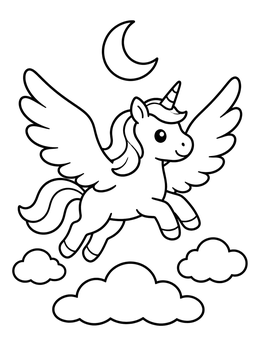Free printable Cute Winged Unicorn Flying Above Clouds coloring page