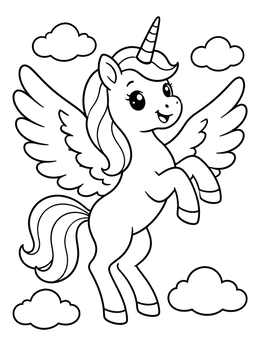 Free printable Cute Winged Unicorn In Clouds coloring page