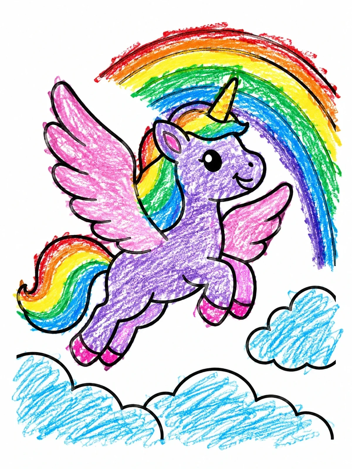 Colored example of the Cute Winged Unicorn Flying By Rainbow coloring page