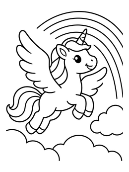 Free printable Cute Winged Unicorn Flying By Rainbow coloring page
