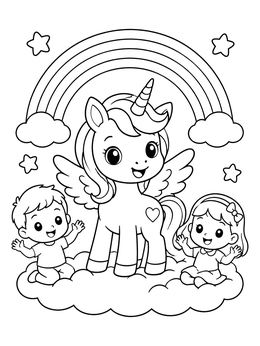 Free printable Cute Winged Unicorn With Cheerful Kids On Clouds coloring page