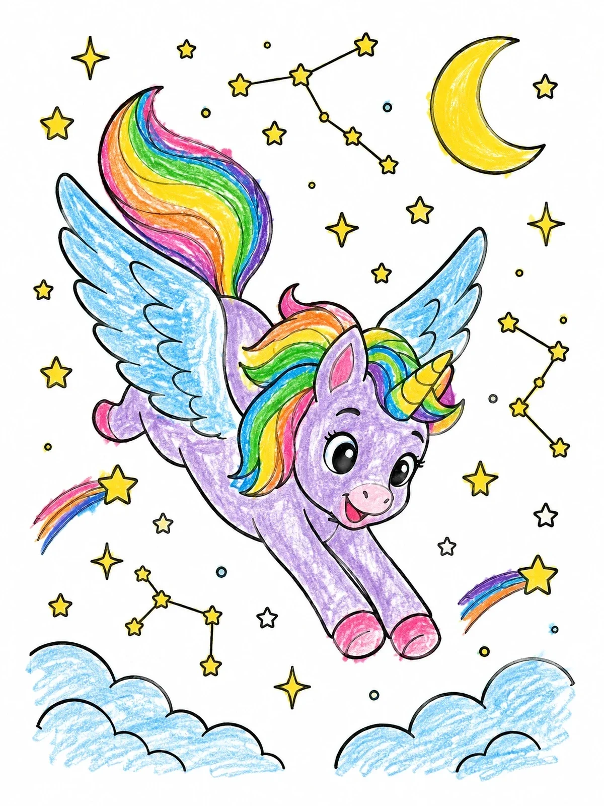 Colored example of the Winged Unicorn Soaring Among Stars coloring page