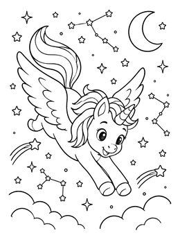 Free printable Winged Unicorn Soaring Among Stars coloring page