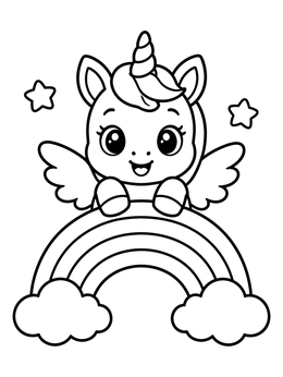 Free printable Cute Winged Unicorn On Rainbow coloring page