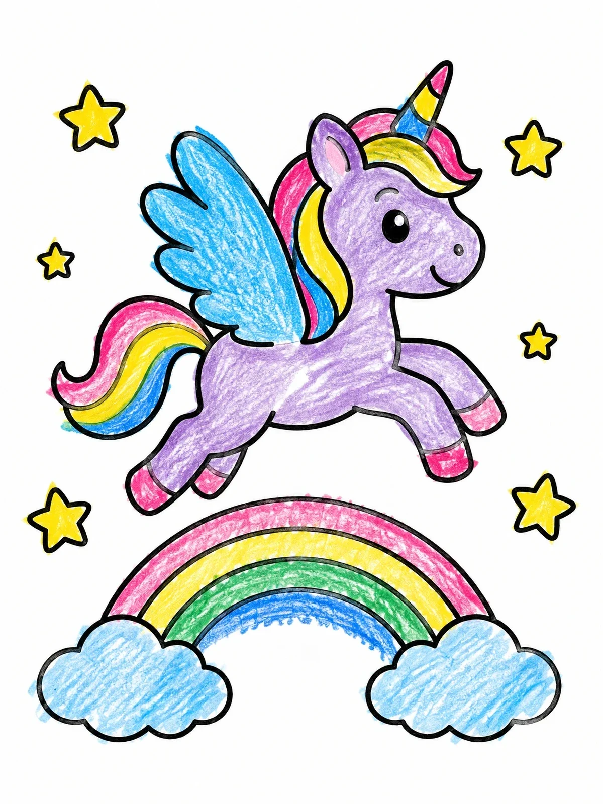 Colored example of the Cute Winged Unicorn Over Rainbow coloring page