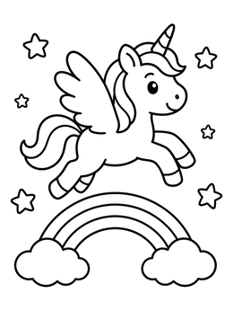 Free printable Cute Winged Unicorn Over Rainbow coloring page