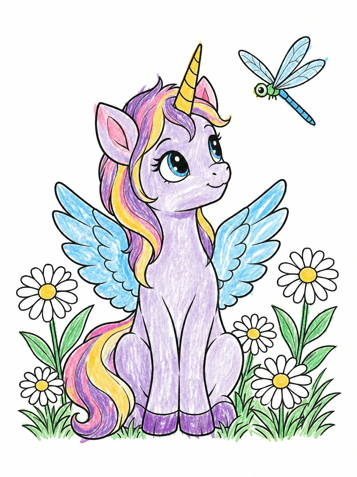 Colored example of the Cute Winged Unicorn With Dragonfly coloring page