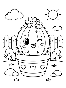 A cute cactus coloring page showing a happy winking succulent in a potted garden.