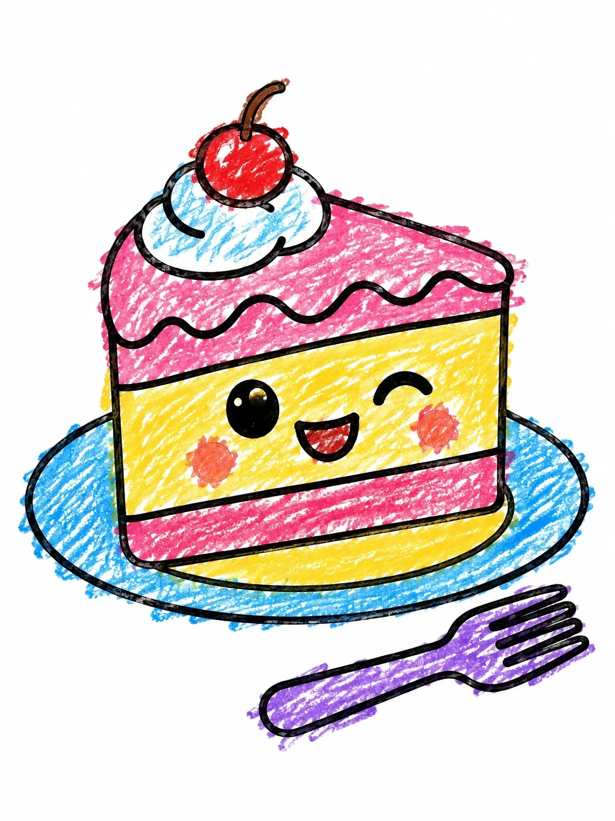 Colored example of the Cute Winking Cake Slice coloring page