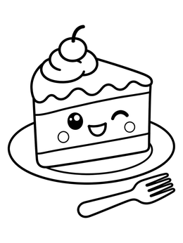 A cheerful slice of cake with a cherry on a plate next to a fork on this cake coloring page.