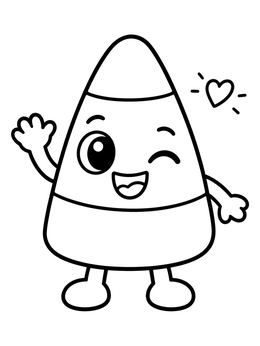 A cute candy corn coloring page featuring a winking cartoon character waving its hand.