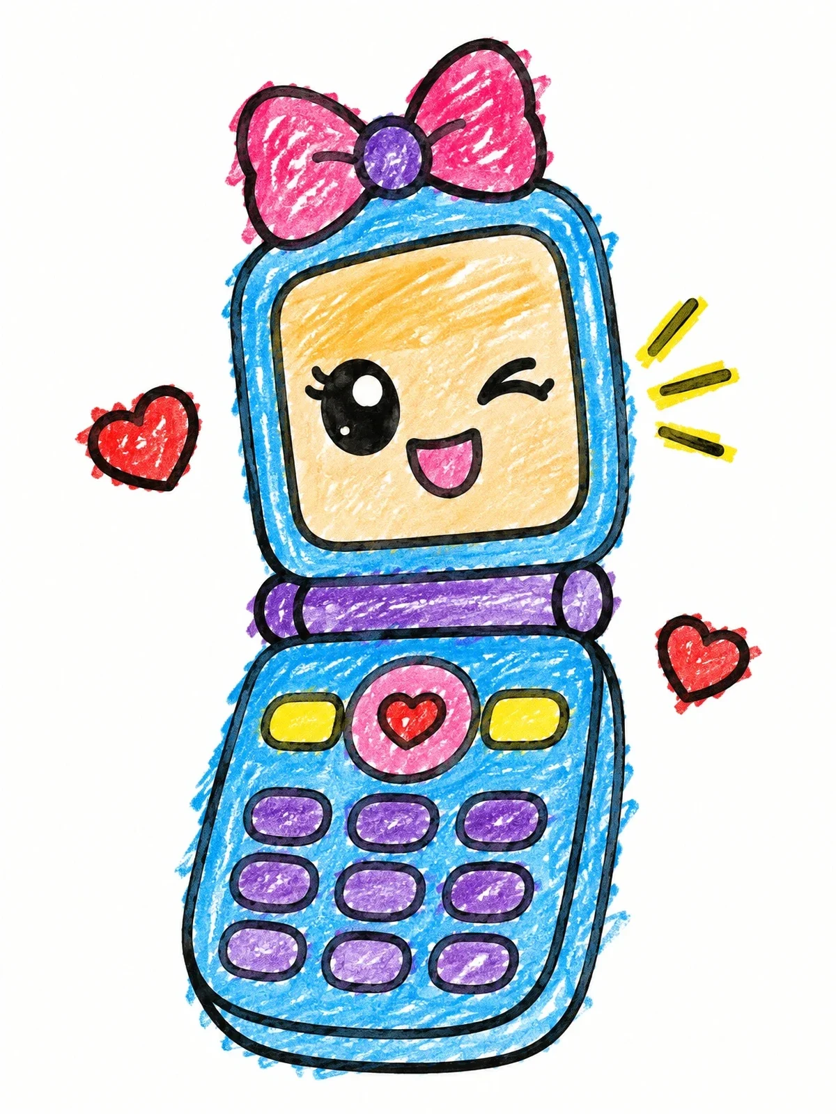 Colored example of the Cute Winking Flip Phone With Bow coloring page