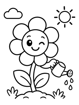 Free printable Cute Winking Flower With Watering Can coloring page