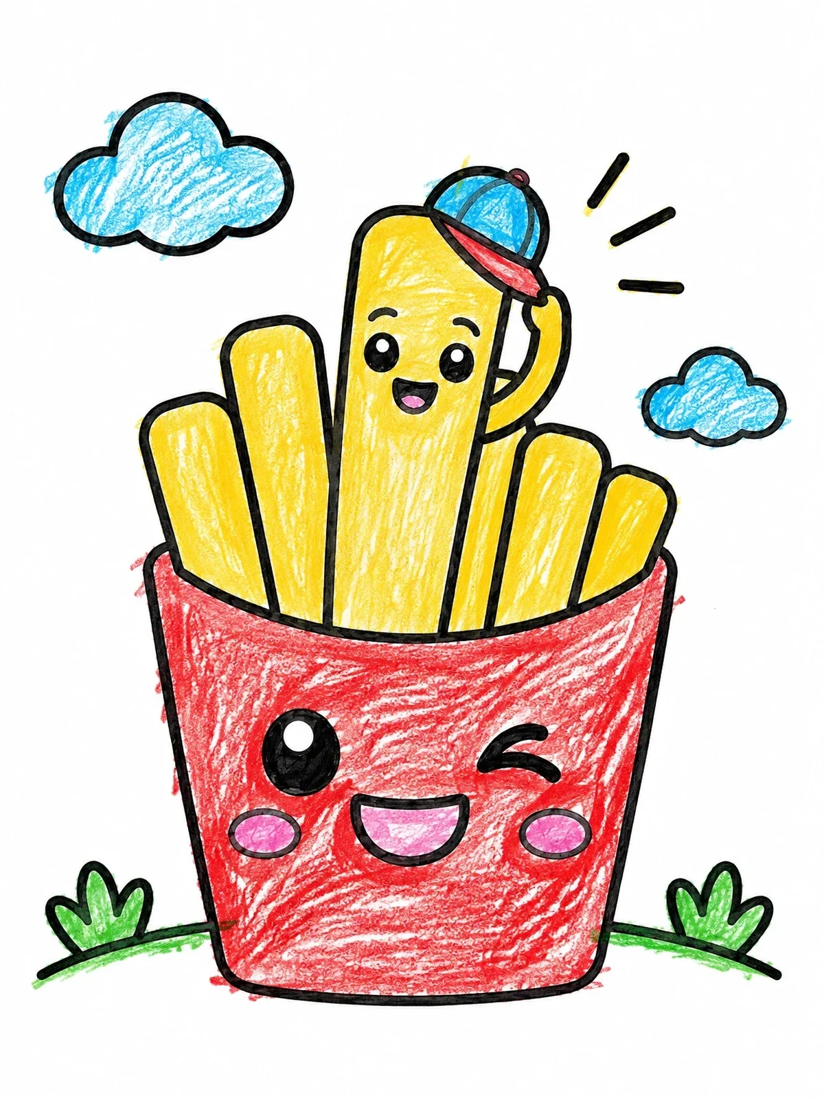 Colored example of the Cute Winking French Fries Box coloring page