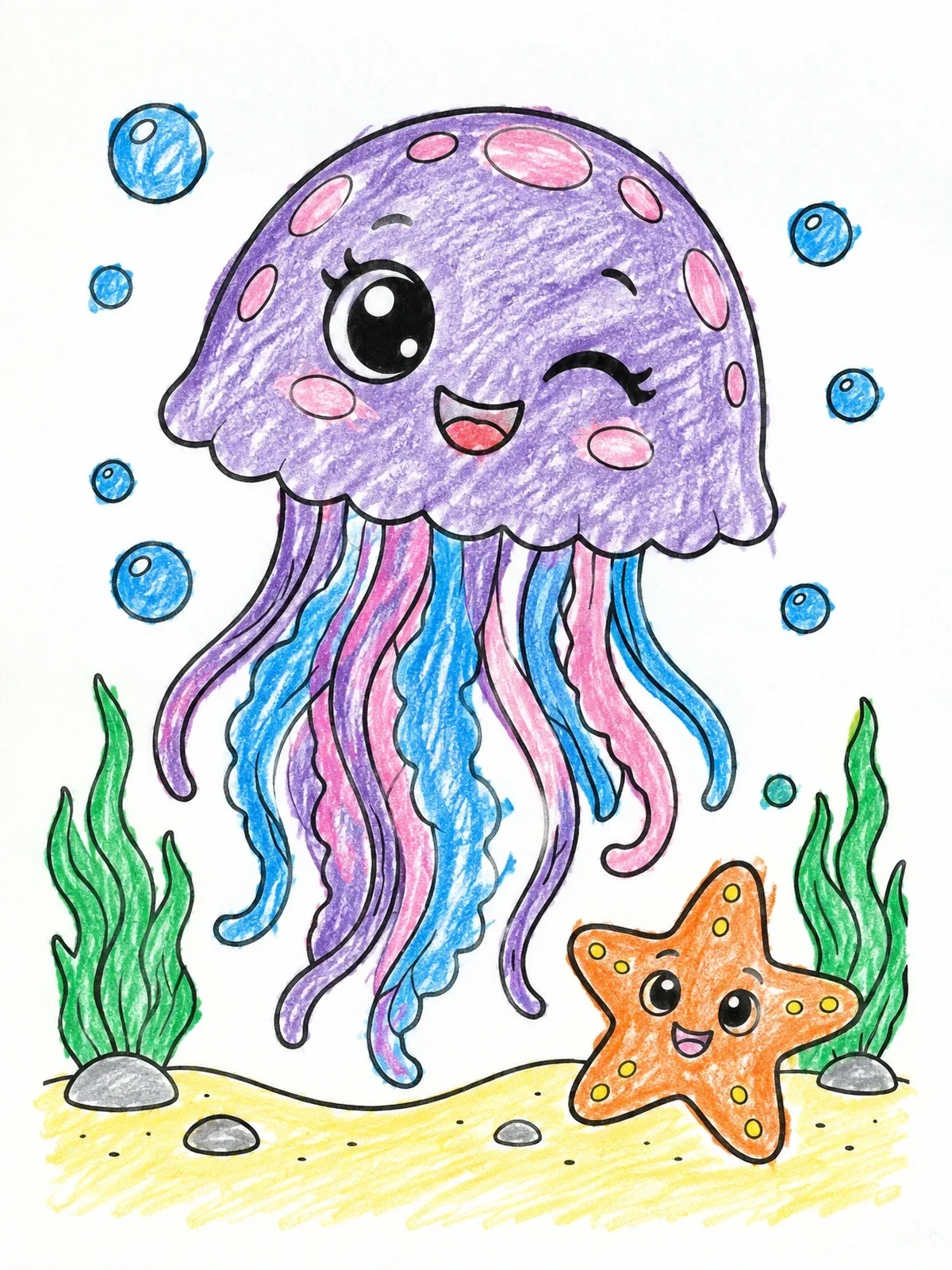 Colored example of the Cute Winking Jellyfish And Starfish coloring page