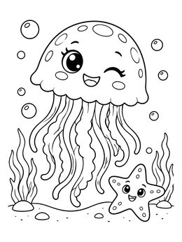 A cute jellyfish coloring page with a winking sea creature and a smiling starfish.