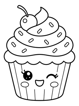 A cute cupcake coloring page featuring a winking face, swirl frosting, and a cherry.