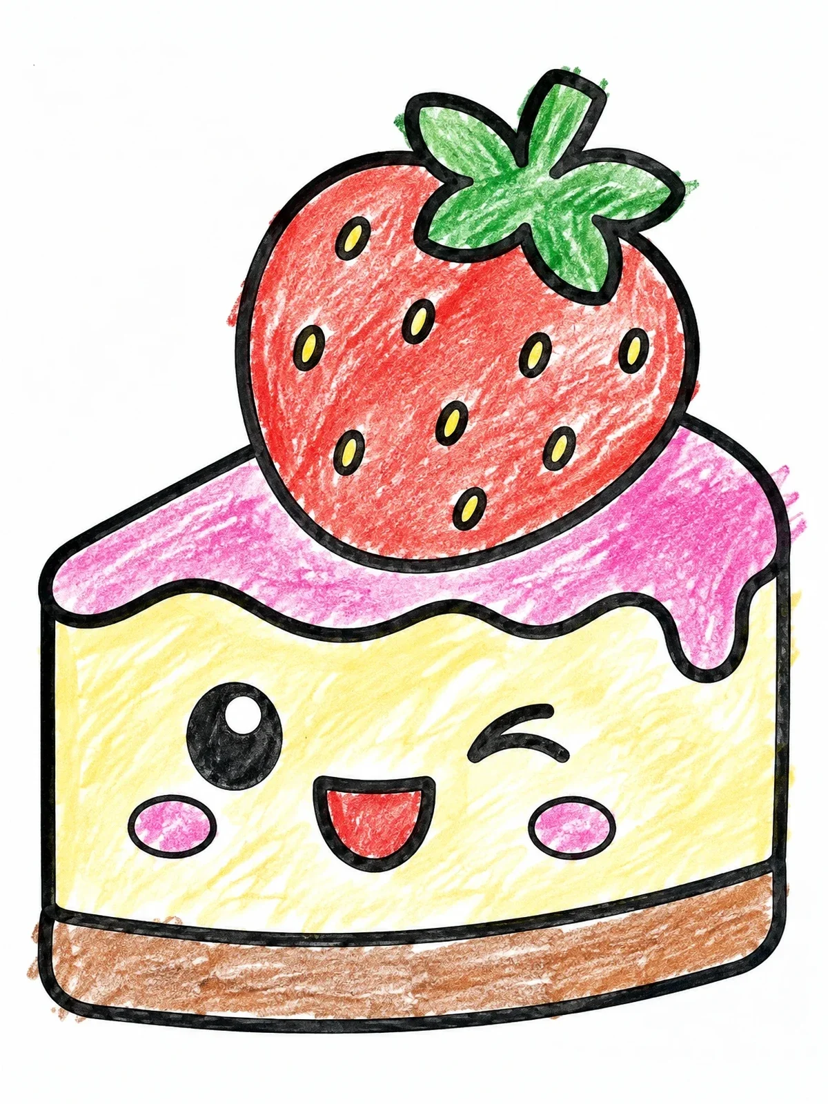 Colored example of the Cute Winking Strawberry Cheesecake coloring page