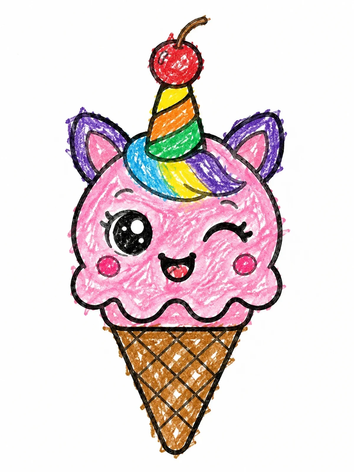 Colored example of the Cute Winking Unicorn Ice Cream Cone coloring page