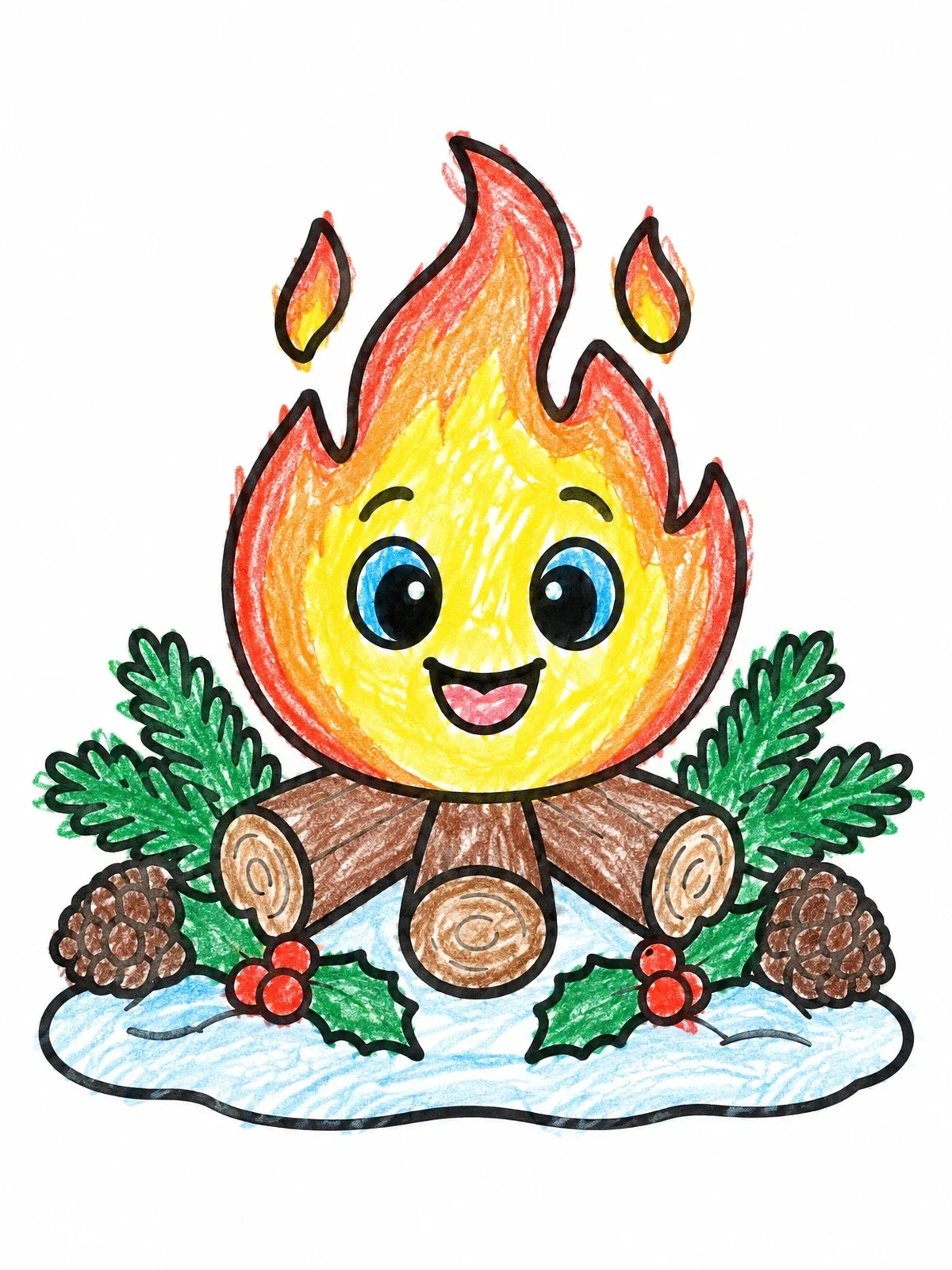 Colored example of the Cute Winter Campfire With Pinecones coloring page